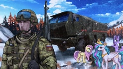 Size: 1920x1080 | Tagged: artist needed, safe, artist:kaiserwillyii, imported from derpibooru, fluttershy, princess celestia, twilight sparkle, alicorn, human, pegasus, pony, army, mountain, nuclear weapon, russia, snow, snowfall, soldier, tree, truck, weapon, winter