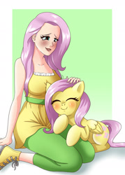 Size: 1280x1792 | Tagged: safe, artist:ioriyokusa01, imported from derpibooru, fluttershy, human, pegasus, pony, blushing, breasts, busty fluttershy, clothes, converse, cute, dress, eyes closed, human ponidox, humanized, kneeling, petting, self ponidox, shoes, shyabetes, simple background, smiling, sneakers, snuggling