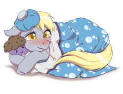 Size: 2560x1960 | Tagged: safe, artist:taytinabelle, imported from derpibooru, derpy hooves, pegasus, pony, adorable face, backwards thermometer, blanket, blanket burrito, blushing, colored pupils, cuddling, curled up, cute, daaaaaaaaaaaw, derpabetes, ear fluff, female, fever, floppy ears, looking at you, mare, plushie, pony holding plushie, sick, simple background, solo, thermometer, unshorn fetlocks, wavy mouth, weapons-grade cute, white background