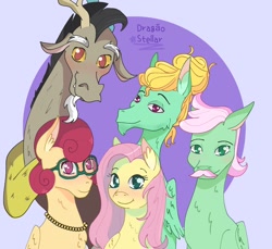 Size: 1200x1100 | Tagged: safe, artist:lululaozi, imported from derpibooru, discord, fluttershy, gentle breeze, posey shy, zephyr breeze, pegasus, blushing, discoshy, family, family photo, father and child, father and daughter, father and son, female, fluttershy's parents, glasses, interspecies, interspecies love, jewelry, male, mother and child, mother and daughter, mother and son, necklace, shipping, shys, siblings, signature, simple background, straight