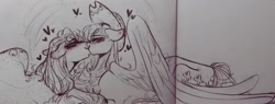 Size: 1280x488 | Tagged: safe, artist:rare-apples, imported from derpibooru, applejack, fluttershy, earth pony, pegasus, pony, accessory swap, appleshy, duo, female, heart, kissing, lesbian, monochrome, shipping, traditional art