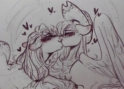 Size: 1076x774 | Tagged: safe, artist:rare-apples, imported from derpibooru, applejack, fluttershy, earth pony, pegasus, pony, accessory swap, appleshy, blushing, duo, female, heart, kissing, lesbian, monochrome, shipping, traditional art