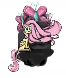 Size: 1366x1603 | Tagged: source needed, useless source url, safe, artist:luanred pinkie, artist:luanredpinkie, imported from derpibooru, part of a set, fluttershy, butterfly, pegasus, pony, cute, digital art, digital painting, drawing, element of kindness, fanart, female, folded wings, kindness, land, mare, my little pony, partial background, pink, rock, simple background, sitting, smiling, solo, white background, windswept mane, wings