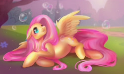 Size: 4000x2400 | Tagged: safe, artist:jesusy, imported from derpibooru, fluttershy, pegasus, pony, blushing, bubble, cute, daaaaaaaaaaaw, female, floppy ears, high res, looking up, lying down, mare, prone, shyabetes, solo