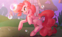 Size: 4000x2400 | Tagged: safe, artist:jesusy, imported from derpibooru, pinkie pie, earth pony, pony, bubble, female, high res, mare, ponyville, rearing, solo