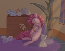 Size: 1330x1050 | Tagged: safe, artist:paintinca, imported from derpibooru, li'l cheese, pinkie pie, earth pony, pony, the last problem, baby, baby pony, crepuscular rays, eyes closed, female, holding a pony, mare, missing cutie mark, mother and child, nursery, solo