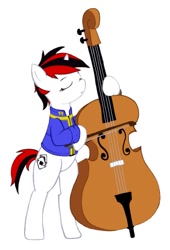 Size: 476x700 | Tagged: artist needed, source needed, safe, imported from twibooru, oc, oc:blackjack, pony, unicorn, fallout equestria, fallout equestria: project horizons, bipedal, contrabass, eyes closed, fanfic art, female, image, mare, needs more jpeg, playing, simple background, white background