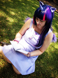 Size: 750x1000 | Tagged: safe, artist:xcrowehx, imported from derpibooru, twilight sparkle, human, book, brony fan fair, brony fan fair 2013, clothes, cosplay, costume, irl, irl human, photo, reading