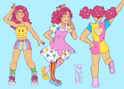 Size: 1024x732 | Tagged: safe, artist:show-a-bit-of-teeth, imported from derpibooru, pinkie pie, human, alternate hairstyle, belt, blue background, boots, bracelet, clothes, dress, female, flats, grin, humanized, jewelry, midriff, mismatched socks, one eye closed, peace sign, shirt, shoes, shorts, simple background, smiling, sneakers, socks, solo, stockings, striped socks, t-shirt, tanktop, thigh highs, wink