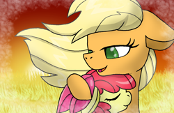Size: 1224x792 | Tagged: safe, artist:pokemon-fireevee, imported from derpibooru, apple bloom, applejack, earth pony, pony, apple bloom's bow, bow, eyes closed, female, filly, hair bow, hug, lidded eyes, loose hair, mare, open mouth, open smile, siblings, smiling