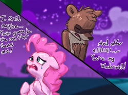 Size: 2732x2048 | Tagged: safe, artist:dummyhorse, artist:phutashi, imported from derpibooru, pinkie pie, earth pony, pony, raccoon, aeroplanes and meteor showers, crossover, crossover shipping, crying, female, floppy ears, high res, male, mare, meme, night, regular show, rigby, rigbypie, shipping, straight, subverted meme, wonderwall