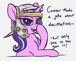 Size: 1914x1548 | Tagged: safe, artist:t72b, imported from derpibooru, starlight glimmer, pony, unicorn, alternate hairstyle, boop, dark comedy, helmet, historical roleplay starlight, joke, looking at you, roman, self-boop, simple background, solo, talking to viewer