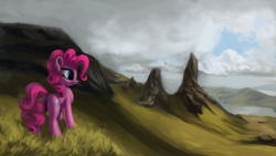 Size: 4000x2250 | Tagged: safe, artist:flusanix, imported from derpibooru, pinkie pie, earth pony, pony, female, high res, looking right, mare, mountain, mountain range, scenery, solo