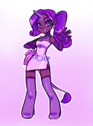 Size: 1104x1488 | Tagged: safe, artist:healhaw, artist:mercysstrap, imported from derpibooru, rarity, human, boots, clothes, dark skin, ear piercing, earring, evening gloves, eyelashes, female, gloves, gradient background, high heel boots, horn, horned humanization, humanized, jewelry, latex, latex boots, latex gloves, leonine tail, long gloves, makeup, necklace, piercing, purse, shoes, smiling, solo, tail, tailed humanization, thigh boots, waving