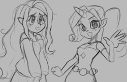 Size: 551x360 | Tagged: safe, artist:healhaw, artist:mercysstrap, imported from derpibooru, fluttershy, rarity, human, :d, clothes, duo, horn, horned humanization, humanized, lineart, monochrome, open mouth, smiling, waving