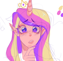 Size: 398x382 | Tagged: safe, artist:healhaw, artist:mercysstrap, imported from derpibooru, princess cadance, human, bust, elf ears, eyelashes, female, heart eyes, horn, horned humanization, humanized, jewelry, tiara, wingding eyes