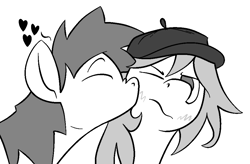 Size: 1976x1296 | Tagged: safe, artist:skookz, imported from derpibooru, oc, oc only, earth pony, pony, 4chan, blushing, cheek kiss, cute, eyes closed, grayscale, grumpy, hat, heart, kiss on the cheek, kissing, monochrome, shipping, simple background, white background