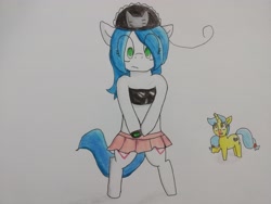 Size: 4000x3000 | Tagged: safe, artist:cherro, imported from derpibooru, oc, oc only, oc:mal, oc:viewing pleasure, pony, bipedal, blood, clothes, miniskirt, nosebleed, short skirt, skirt, traditional art