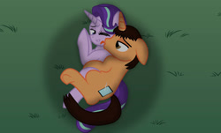 Size: 1151x694 | Tagged: safe, artist:brandonthebronypony, imported from derpibooru, starlight glimmer, oc, oc:brandon, branglimmer, canon x oc, hug, licking, lying down, tongue out