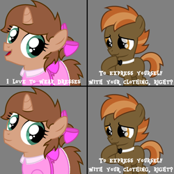 Size: 3488x3488 | Tagged: safe, artist:peternators, imported from derpibooru, button mash, oc, oc:heroic armour, earth pony, pony, unicorn, bow, bowtie, clothes, colt, crossdressing, dialogue, dress, duo, duo male, exploitable meme, eyelashes, femboy, for the better right?, high res, male, meme, ribbon, sissy, text