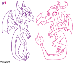 Size: 1750x1500 | Tagged: safe, artist:melisareb, imported from derpibooru, ballista, prominence, dragon, 1000 hours in ms paint, dragoness, duo, fangs, female, flying, horns, looking at each other, simple background, white background, wings, wip