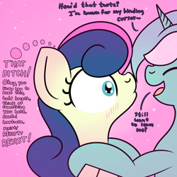 Size: 2000x2000 | Tagged: safe, artist:dafiltafish, imported from derpibooru, bon bon, lyra heartstrings, sweetie drops, oc, oc:hedone, earth pony, pony, unicorn, comic:day by day, blushing, dialogue, female, high res, lesbian, lyrabon, panic, shapeshifter, shipping, this will end in pain, this will not end well, thoughts, vulgar