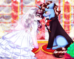 Size: 4000x3179 | Tagged: safe, artist:krissstudios, imported from derpibooru, oc, oc only, pony, unicorn, clothes, dress, female, male, mare, marriage, stallion, suit, wedding, wedding dress