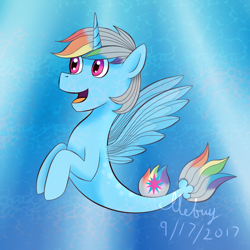 Size: 900x900 | Tagged: safe, artist:ilebuy, imported from derpibooru, oc, oc only, alicorn, pony, seapony (g4), bubble, crepuscular rays, dorsal fin, fin wings, fish tail, flowing tail, horn, ocean, open mouth, pink eyes, seaponified, signature, smiling, solo, species swap, sunlight, swimming, tail, underwater, water, wings