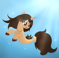 Size: 2479x2419 | Tagged: safe, artist:xx-danxyg-xx, imported from derpibooru, oc, oc only, pony, seapony (g4), unicorn, brown eyes, brown mane, bubble, crepuscular rays, dorsal fin, female, fish tail, flowing mane, flowing tail, high res, horn, jewelry, necklace, ocean, open mouth, seaponified, smiling, solo, species swap, sunlight, swimming, tail, underwater, water