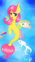 Size: 720x1280 | Tagged: safe, artist:galaxysultan, imported from derpibooru, fluttershy, fish, pegasus, pony, seapony (g4), blue background, blushing, cute, daaaaaaaaaaaw, dorsal fin, female, fin wings, fish tail, flowing mane, flowing tail, green eyes, ocean, open mouth, seaponified, seapony fluttershy, shyabetes, signature, simple background, smiling, solo, species swap, tail, underwater, water, watershy, wings