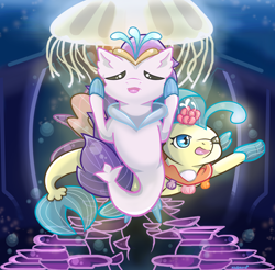 Size: 1728x1701 | Tagged: safe, artist:kingkero, imported from derpibooru, princess skystar, queen novo, jellyfish, seapony (g4), my little pony: the movie, bioluminescent, blue mane, bubble, chibi, collar, crepuscular rays, crown, deviantart watermark, dorsal fin, eyes closed, female, fin wings, fins, fish tail, flower, flower in hair, flowing tail, glow, glowing, jewelry, necklace, obtrusive watermark, ocean, one eye closed, open mouth, open smile, pearl necklace, purple mane, regalia, seaquestria, seashell necklace, smiling, swimming, tail, throne room, underwater, water, watermark, wings