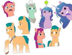 Size: 1964x1494 | Tagged: safe, artist:fantasygerard2000, imported from derpibooru, hitch trailblazer, izzy moonbow, sunny starscout, earth pony, pegasus, pony, unicorn, spoiler:g5, spoiler:my little pony: a new generation, armor, bag, ball, blaze (coat marking), coat markings, facial markings, female, g5, guard, izzy's tennis ball, looking at each other, looking at you, male, mare, my little pony: a new generation, open mouth, pegasus royal guard, royal guard, saddle bag, simple background, smiling, smiling at each other, smiling at you, socks (coat markings), stallion, tennis ball, thunder flap, transparent background