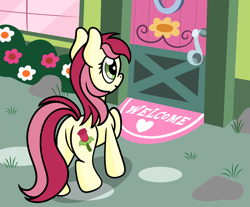 Size: 1920x1588 | Tagged: safe, artist:dinkyuniverse, imported from derpibooru, roseluck, pony, atg 2021, newbie artist training grounds, solo, welcome mat