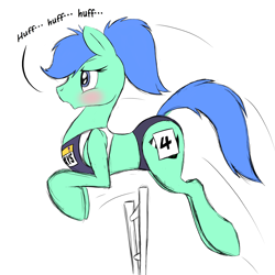 Size: 4096x4096 | Tagged: safe, artist:naivintage, imported from derpibooru, oc, oc only, oc:spearmint, earth pony, pony, bikini, blushing, clothes, crossdressing, eyes on the prize, femboy, huff, hurdle, jumping, leaping, male, olympics, panting, ponytail, solo, sports, sports bra, sports outfit, sports panties, stallion, swimsuit, text, track and field, trap