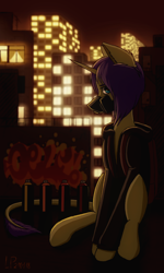 Size: 1216x2020 | Tagged: safe, artist:ajax, artist:willdrawhere, imported from derpibooru, oc, pony, unicorn, clothes, graffiti, hoodie, night, respirator, short hair, solo, urban