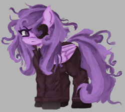 Size: 1741x1564 | Tagged: safe, artist:menalia, imported from derpibooru, oc, oc only, oc:shiru, pegasus, pony, alternate hairstyle, clothes, eyepatch, female, gray background, long mane, looking at you, mare, messy mane, necktie, pants, serious, shirt, simple background, solo, suit, wings