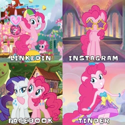 Size: 1080x1080 | Tagged: safe, imported from derpibooru, pinkie pie, rarity, earth pony, pony, unicorn, equestria girls, apple, apple tree, bare shoulders, clothes, clubhouse, crusaders clubhouse, dolly parton challenge, dress, facebook, female, food, g4, hat, instagram, linkedin, mare, meme, official, propeller hat, sleeveless, strapless, sunglasses, tinder, tree