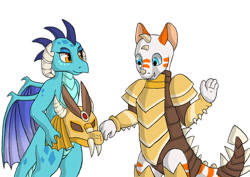 Size: 900x637 | Tagged: safe, artist:ukulelepineapplecat, imported from derpibooru, princess ember, oc, oc:rinzo, dragon, armor, dragon oc, dragoness, female, helmet, simple background, white background