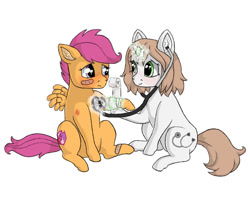 Size: 800x637 | Tagged: safe, artist:ukulelepineapplecat, imported from derpibooru, scootaloo, oc, oc:healing touch, pegasus, pony, unicorn, bandage, cutie mark, duo, ear fluff, female, filly, glowing horn, horn, magic, nurse, simple background, stethoscope, telekinesis, the cmc's cutie marks, unicorn oc, white background