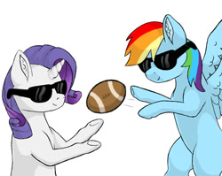 Size: 800x637 | Tagged: safe, artist:ukulelepineapplecat, imported from derpibooru, rainbow dash, rarity, pegasus, pony, unicorn, american football, bust, duo, female, flying, football, mare, simple background, smiling, sports, sunglasses, white background, wings