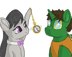 Size: 800x637 | Tagged: safe, artist:ukulelepineapplecat, imported from derpibooru, octavia melody, oc, oc:frost d. tart, earth pony, pony, unicorn, bowtie, clothes, duo, eyelashes, female, hoof hold, horn, hypnosis, kaa eyes, mare, pendulum swing, pocket watch, simple background, swirly eyes, unicorn oc, white background