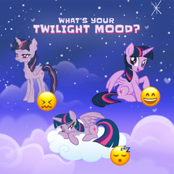 Size: 1080x1080 | Tagged: safe, imported from derpibooru, mean twilight sparkle, twilight sparkle, alicorn, pony, my little pony: the movie, the mean 6, cloud, emoji, facebook, female, g4, heart, mare, night, official, on a cloud, stars, stock vector, text, twilight sparkle (alicorn)