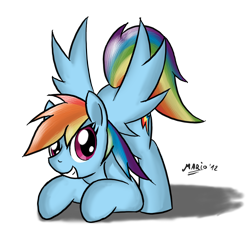 Size: 1000x1000 | Tagged: safe, artist:srmario, imported from derpibooru, rainbow dash, pegasus, pony, eyelashes, face down ass up, female, grin, mare, signature, simple background, smiling, transparent background, wings