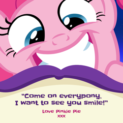 Size: 1080x1080 | Tagged: safe, imported from derpibooru, pinkie pie, earth pony, pony, facebook, female, g4, mare, official, smiling, solo, text