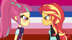 Size: 1280x720 | Tagged: safe, artist:3d4d, imported from derpibooru, sour sweet, sunset shimmer, equestria girls, friendship games, bisexual pride flag, blushing, female, lesbian, lesbian pride flag, pride, pride flag, shipping, sourshimmer