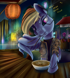 Size: 1516x1700 | Tagged: safe, artist:com3tfire, imported from derpibooru, fluttershy, rainbow dash, tempest shadow, pegasus, pony, chopsticks, cyberpunk, food, night city, noodles, ramen, wing hands, wings