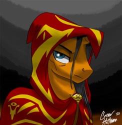 Size: 1200x1228 | Tagged: safe, artist:ceehoff, imported from derpibooru, oc, oc only, oc:hellfire, pony, unicorn, fanfic:equestria's first human, cloak, clothes, horn, male, signature, solo, stallion, unicorn oc