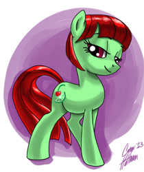 Size: 1100x1312 | Tagged: safe, artist:ceehoff, imported from derpibooru, oc, oc only, oc:cherry limeade, earth pony, pony, abstract background, bedroom eyes, earth pony oc, eyelashes, female, mare, signature