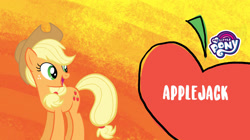 Size: 1657x931 | Tagged: safe, imported from derpibooru, applejack, earth pony, pony, abstract background, apple, applejack month, applejack's hat, cowboy hat, cutie mark, facebook, female, food, g4, hat, mare, my little pony logo, official, solo, text, wallpaper