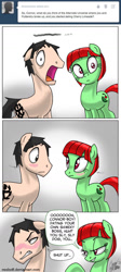 Size: 645x1440 | Tagged: safe, artist:ceehoff, imported from derpibooru, oc, oc:cherry limeade, oc:connor, earth pony, pony, ask, bedroom eyes, dialogue, earth pony oc, female, male, mare, open mouth, raised hoof, signature, stallion, surprised